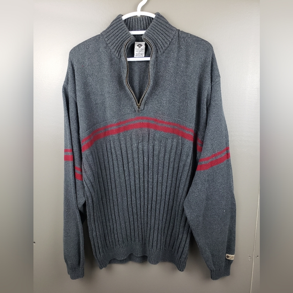 Columbia Mens Vintage Sweater Size Large 100% Cotton Dated 2001 Grey Red 1/4 Zip